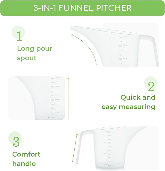 Funnel Pitcher for Soap Making, Large Capacity Easy Pour Container with Long Spout, Soap Making Supplies, Bakeware Mold, Candle, Microwave Safe, 4 Cups, 32 Ounces, 1000 ml - Set of 4