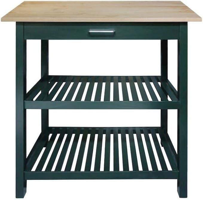 Furnifact Solid Wood Kitchen Island with Drawer, 2 Open Shelves, Hunter Green Base and Natural Top, Island Table for Kitchen Storage and Food Prep