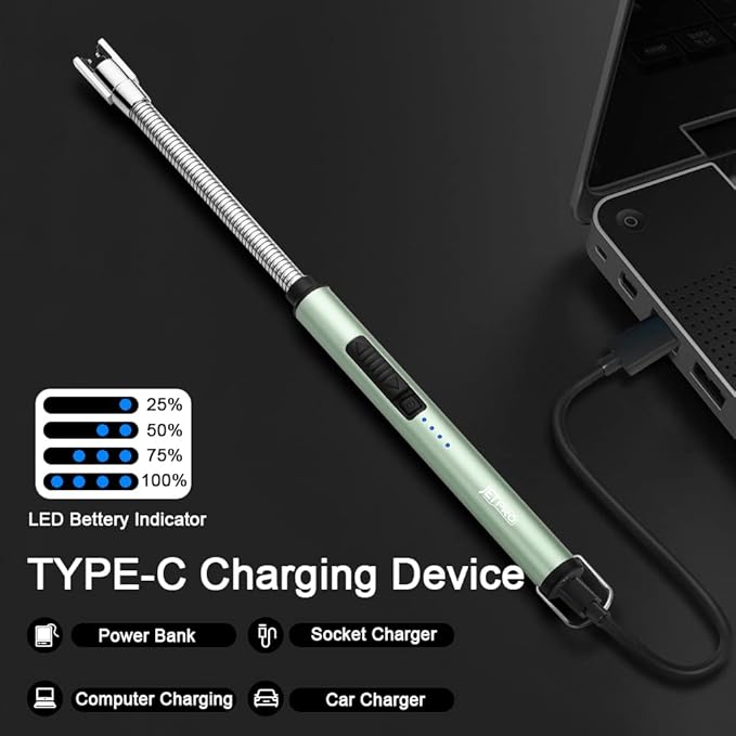 Candle Lighters USB Rechargeable Arc Electric Lighter with 360° Flexible Neck for Candle BBQ Camping (Green)