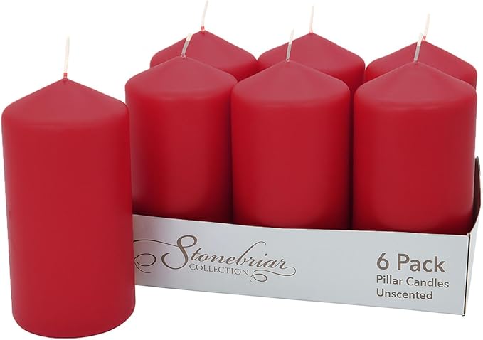 Stonebriar Unscented Pillar Candles – 65 Hour Burn Time, Long-Lasting Wax Candles for Weddings, Holidays, Home Décor & Special Events, Pack of 6, Red, 3" x 6"