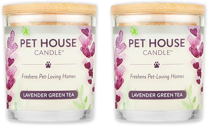 One Fur All Pet House Candle 2 Pack - Plant-Based/Soy - Clean Burning Scented, Long Lasting Pet Odor Candle for Home - Lavender Green Tea