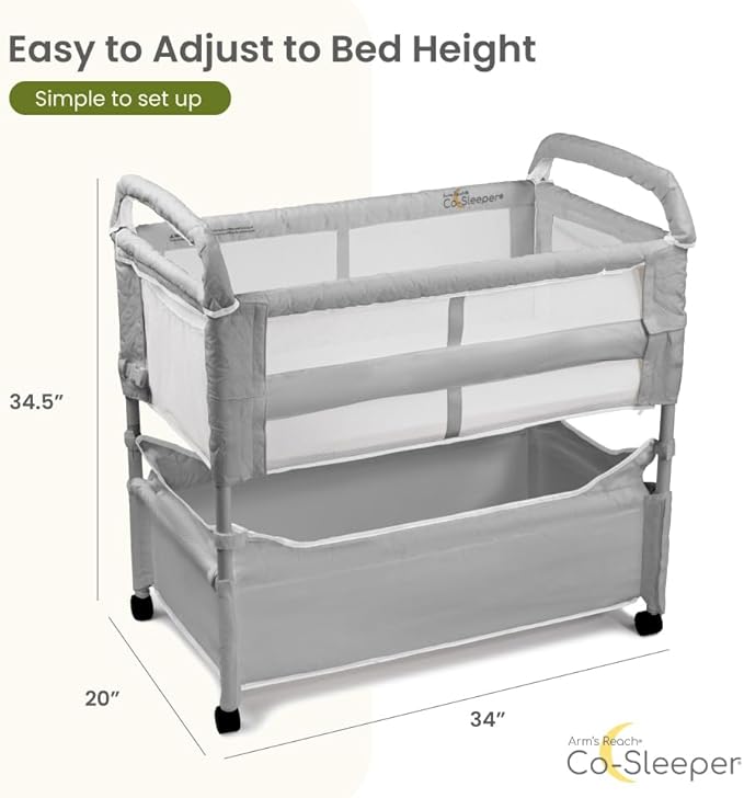 Arm’s Reach Clear-Vue Co-Sleeper Bedside Bassinet Featuring Clear Mesh Panels with Fold-Down Side, Large Attached Storage Basket, 4 Wheels, and Height-Adjustable Legs, Gray