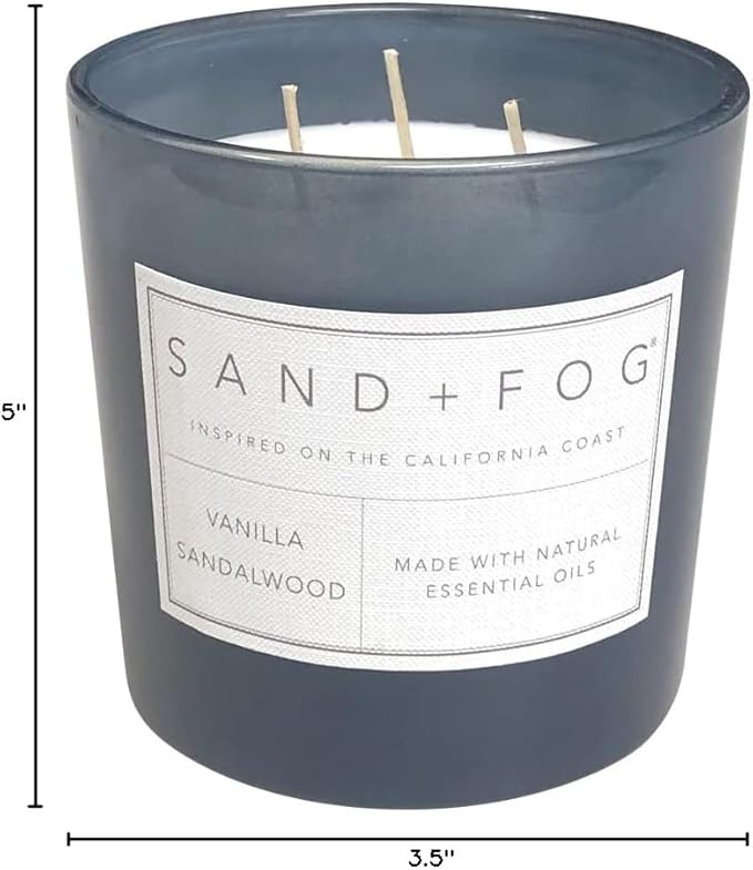 Sand + Fog Scented Candles - Vanilla Sandalwood - Additional Scents and Sizes - 3 Wicks 100% Cotton Lead-Free - Luxury Air Freshening Jar Candles - Perfect Home Decor - 21 oz