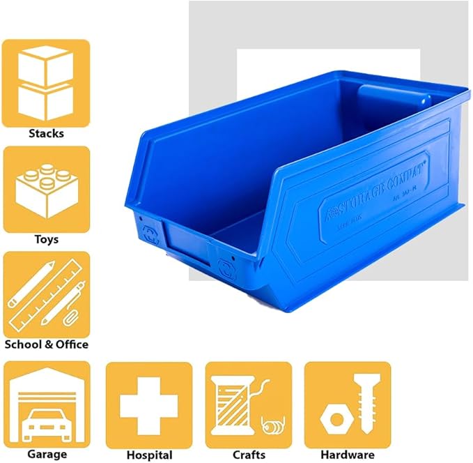 6-Pack Storage Bins, Wall Mount, Stackable & Freestanding, 12”x 8” x 6” Plastic Organizers, Utility Containers for Garage, Home, Workshop, Blue