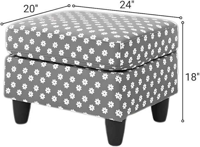 Furnifact Gray Upholstered Ottoman Foot Rest with Daisy Print and Toss Pillow – Mid Century Accent Ottoman Chair for Bedroom or Living Room Decor
