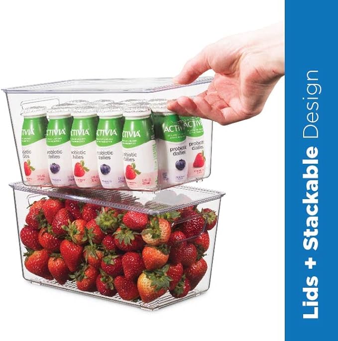 Set Of 12 Refrigerator Organizer Bins with Lids - Plastic Pantry Organization and Storage Baskets - Stackable Food Fridge Organizers with Cutout Handles for Freezer, Kitchen, Countertops, Cabinets