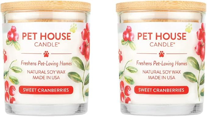 One Fur All Pet House Candle 2 Pack - Plant-Based/Soy - Clean Burning Scented, Long Lasting Pet Odor Candle for Home -Sweet Cranberries