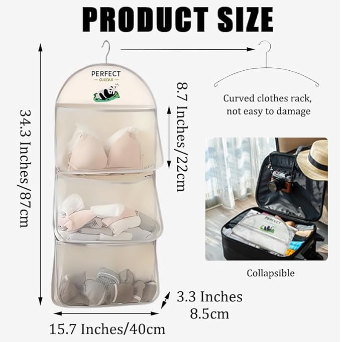 MIUPOO Multi Purpose Multi Layer Mesh Storage Hanging Bag,Hanging Storage with Metal Hanger Mesh Pockets for Bra Underwear Socks,Pockets Hang Store Bag for Door Wall Closet
