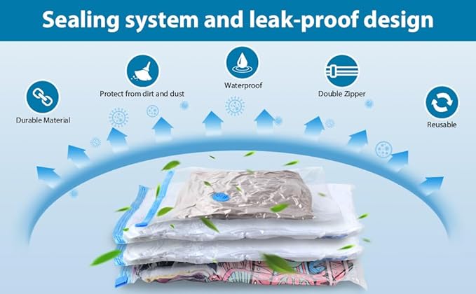 kissleaf 15 Pack Vacuum Seal Bag for Clothing with Electric Air Pump,Space Saver Vacuum Storage Bags for Clothes,Mattress, Blanket, Duvets, Pillows(3 Jumbo/3 Large/3 Medium/6 Small Bags)