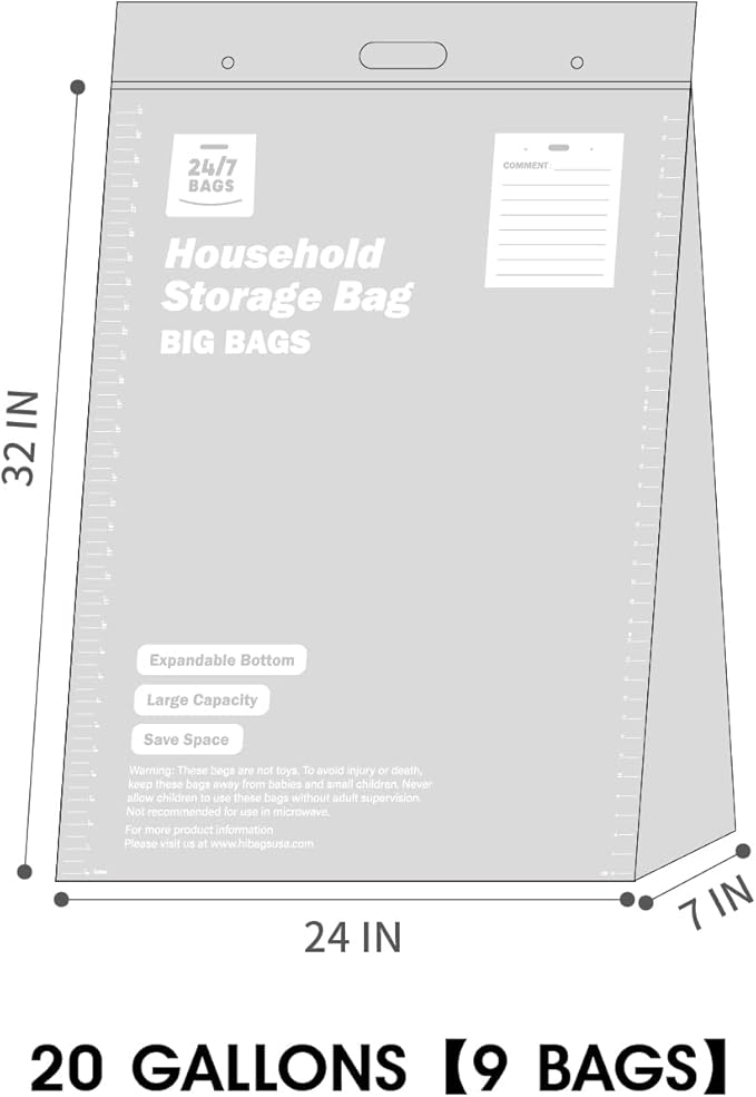 9 XXX-Large Plastic Storage Bags, 20 Gallons, Zero BPA, Double Zipper Seal, 3 Mils Thick, Double Layer Carry Handle, 24"x32"x7", Moving, Seasonal, Travel