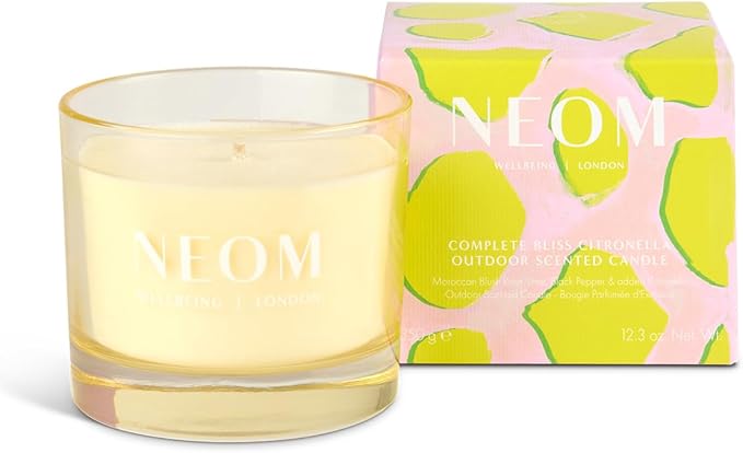 NEOM- Complete Bliss Citronella Outdoor Candle | 1 Wick I 100% Natural Wax I Hand-Finished I Moroccan Blush Rose, Lime, Black Pepper and Added Citronella