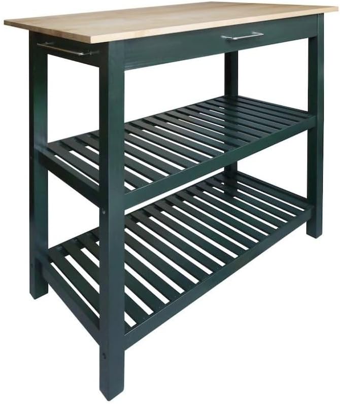 Furnifact Solid Wood Kitchen Island with Drawer, 2 Open Shelves, Hunter Green Base and Natural Top, Island Table for Kitchen Storage and Food Prep