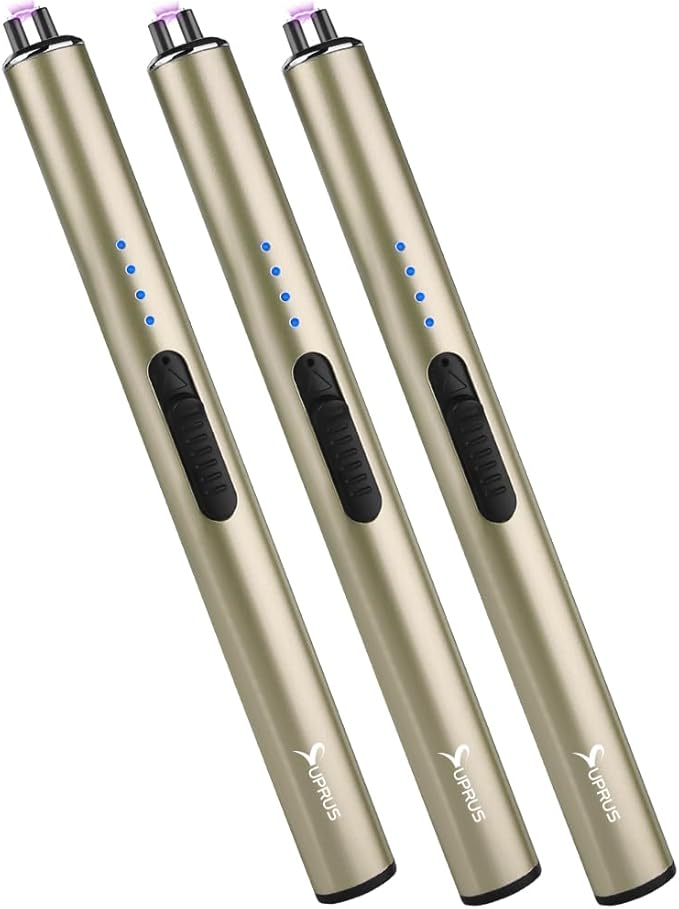 SUPRUS Electric Arc Windproof Flameless USB Rechargeable Lighter with Safety Lock for Candle (Champagne Gold, 3 Packs)