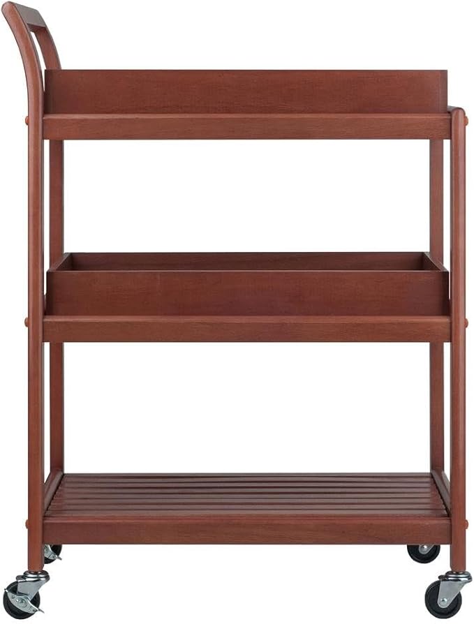 Furnifact Solid Wood Kitchen Cart On Wheels with Two Removable Serving Trays, Slatted Shelf, and Locking Casters, Versatile Bar Cart