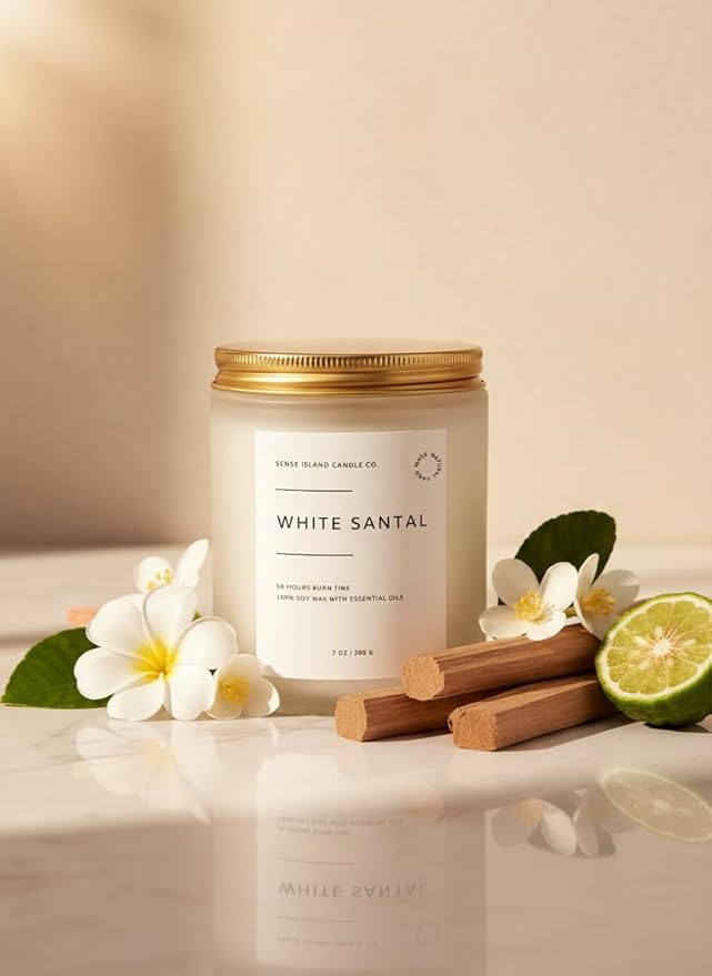 SENSE ISLAND White Santal Scented Candle for Home Scented 50+ Hrs Highly Scented | 100% Natural Soy Candle Gifts for Women Highly Scented House Warming Gifts