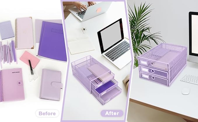 EXERZ Paper Sorter 3 Tier Drawers A4 / Multifunctional Desk Organiser/Letter Tray - Documents, Magazines, Notebooks and Letters - Light Purple