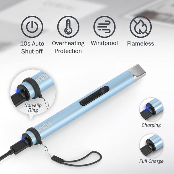 Electric Candle Lighter - Rechargeable USB Arc Windproof Flameless Plasma Lighter with Long Stick, Rope and Ring - No Butane Fluid - Perfect for BBQ, Camping, Kitchen Stove - Blue