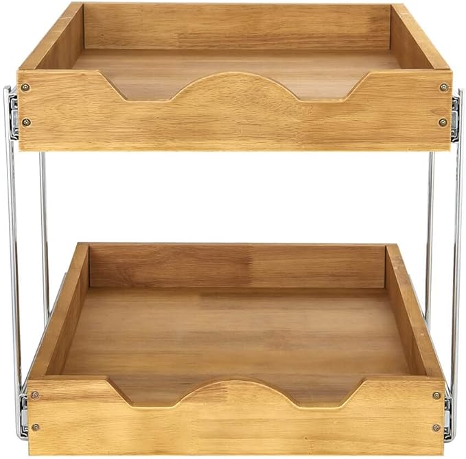 DINDON 2 Tier Pull Out Cabinet Organizer (17" W x 21" D) Wood And Metal Double Tier Slide Out Wood Drawer Under Cabinet Storage And Organization