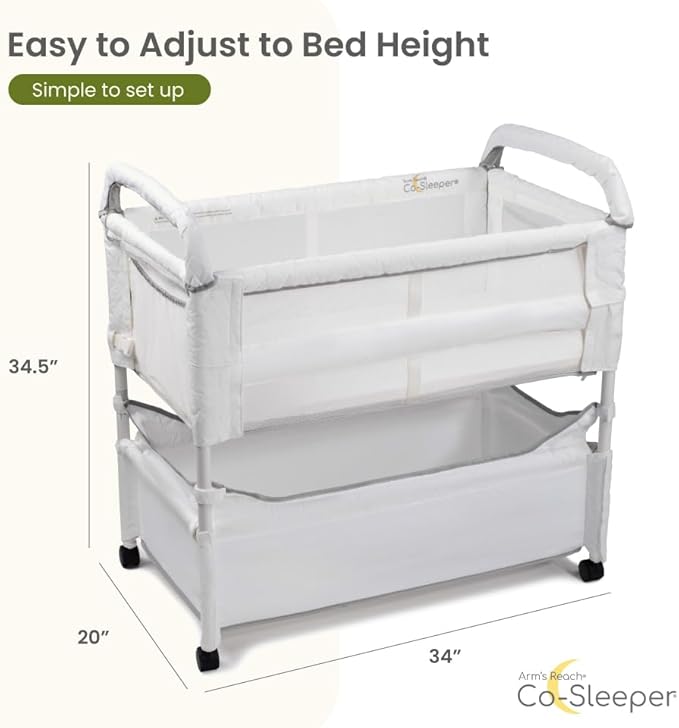 Arm’s Reach Clear-Vue Co-Sleeper Bedside Bassinet Featuring Clear Mesh Panels with Fold-Down Side, Large Attached Storage Basket, 4 Wheels, and Height-Adjustable Legs, White