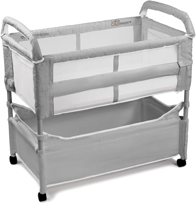 Arm’s Reach Clear-Vue Co-Sleeper Bedside Bassinet Featuring Clear Mesh Panels with Fold-Down Side, Large Attached Storage Basket, 4 Wheels, and Height-Adjustable Legs, Gray