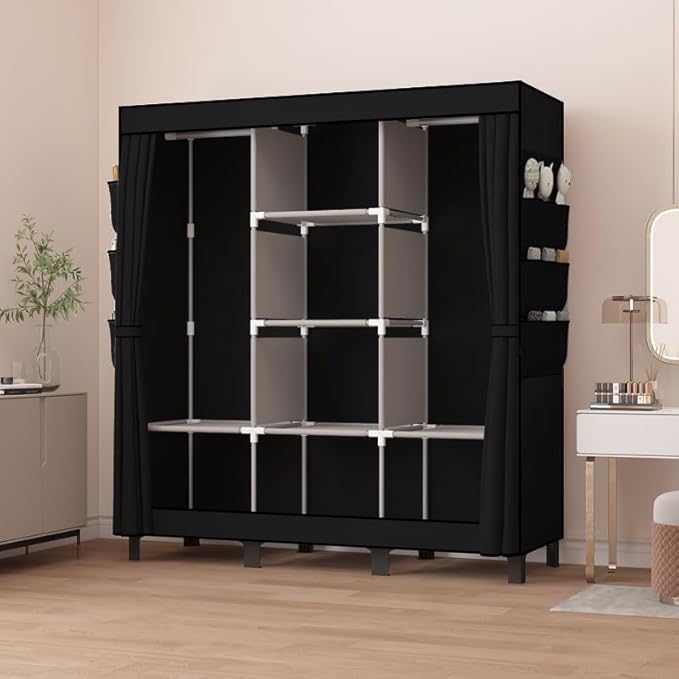 Portable Wardrobe, Clothes Organizer, Easy Hanger Wardrobe, Multiple Dividers and 3 Drawers, 6 Side Pockets Large Capacity (Black)