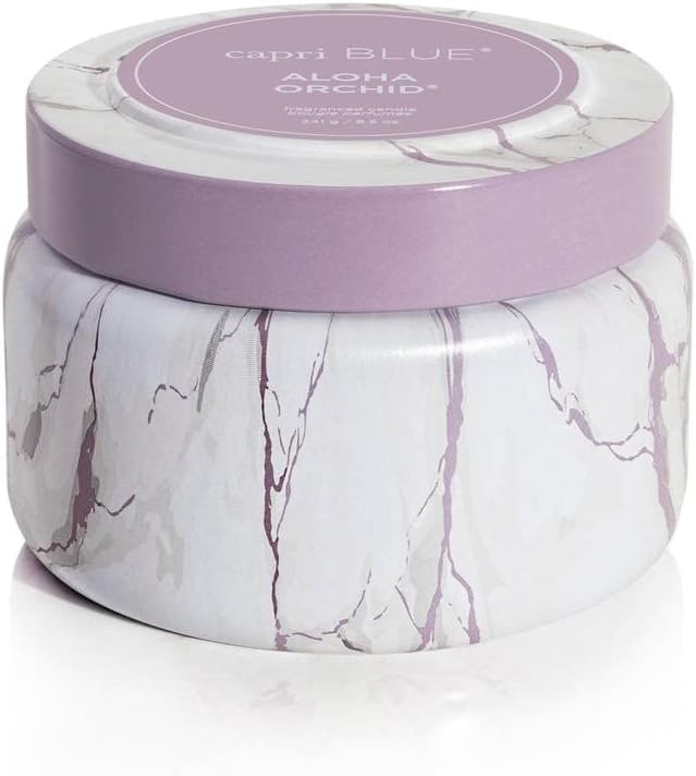 Capri Blue Modern Marble Printed Travel Tin Jar Candles - Luxury Decorative Candles for Home Scented - Long Lasting Soy Wax Blend - Aloha Orchid (8.5 oz)