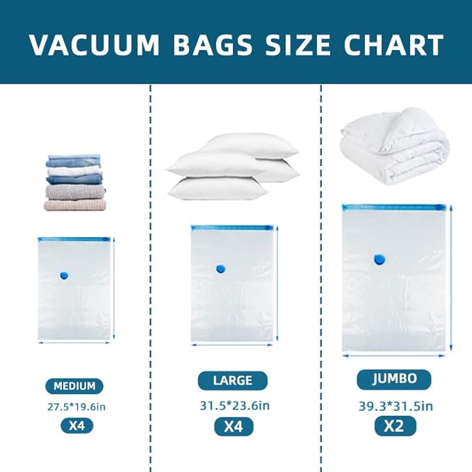 10 Pack Vacuum Storage Bags with Hand Pump,Double zipper sealing, 2 Jumbo + 4 Large + 4 Medium Vacuum Seal Bags for Clothing,Blankets,Comforters (10, Hand Pump)