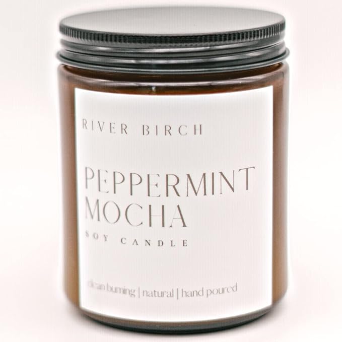 River Birch Candles Peppermint Mocha Scented Candle | Premium, All-Natural, Non-Toxic, Soy Amber Candles | 8.5oz 40 Hr Burn Time | Cozy Relaxing Gifts for Home