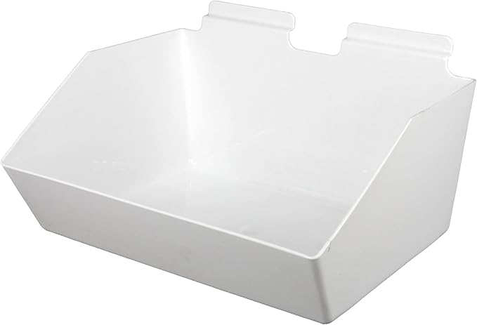 SSWBasics Slat Wall Accessory - Set of 2, 12 x 5 ½ x 9 ½ Inch White Plastic Slatwall Bins - Durable and Versatile Slat Wall Accessories for Organized Storage Solutions
