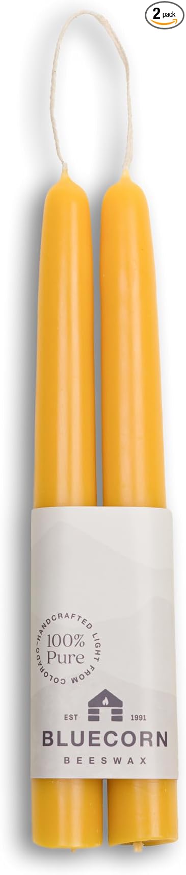Bluecorn Beeswax Taper Candles, 100% Pure Natural Bees Wax, Pair of 8 Inch Yellow Tapered Candlesticks, Clean Burning & Dripless, Fragrance Free, Long Lasting, Home Decor, American Made, 1 Count