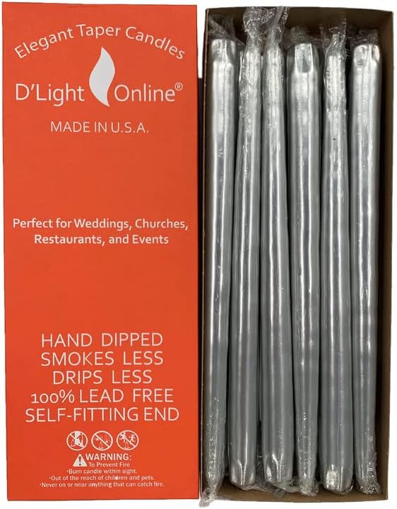 D'light Online Elegant 12" Unscented Metallic Silver Taper Candles, Premium Quality Hand-Dipped Tapered Candles, Dripless and Smokeless - Set of 12 (12 Inch, Metallic Silver)