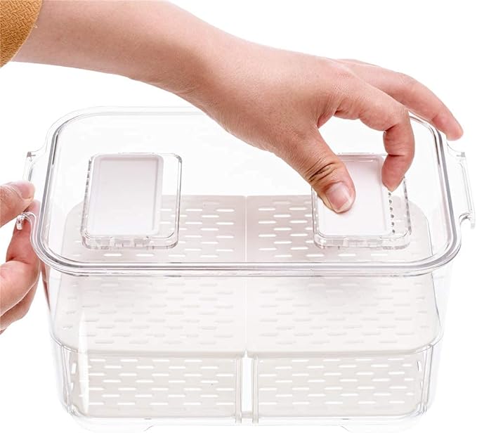 Slideep 11'' Large Food Storage Containers, Fridge Produce Saver 2 Tier Stackable Refrigerator Organizer with Lids and Removable Drain Tray Drawers Bins Baskets for Kitchen