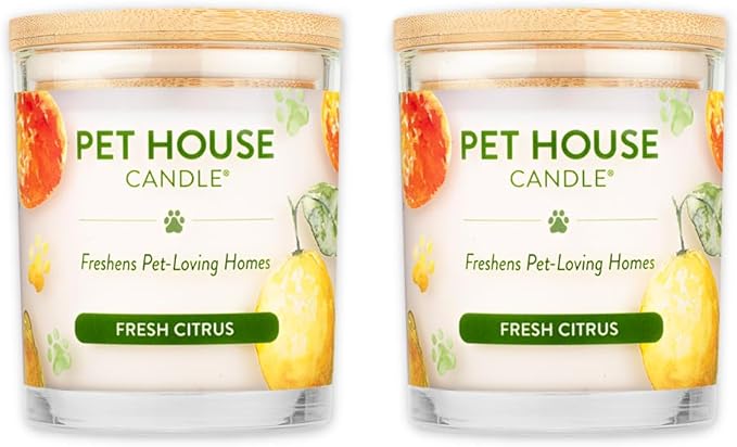 One Fur All Pet House Candle 2 Pack - Plant-Based/Soy - Clean Burning Scented, Long Lasting Pet Odor Candle for Home - Fresh Citrus