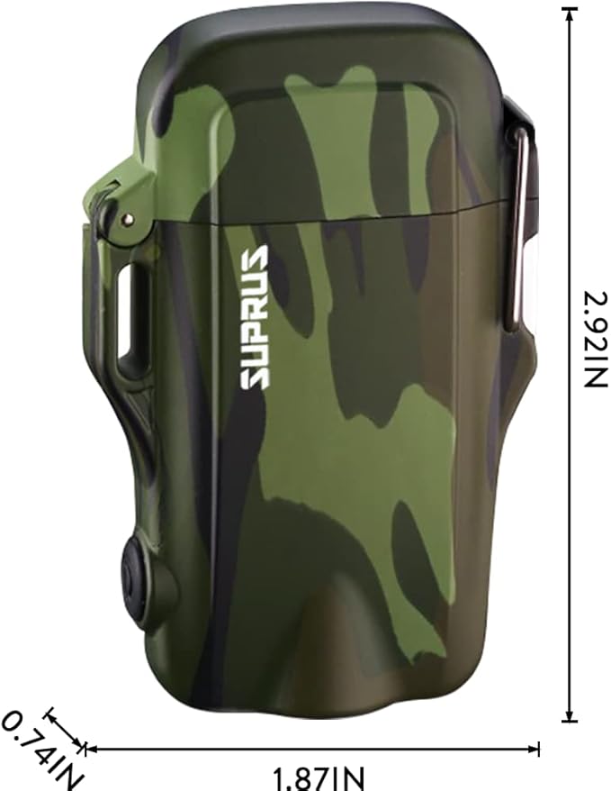 SUPRUS Waterproof 3 Modes of Flashlight Windproof Lighter Dual Arc Electric Rechargeable Dual Arc Plasma Lighters with Survival Emergency Whistle and Lanyard (Camouflage, 2Packs)