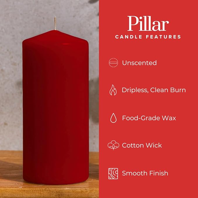 Simply Soson Red Pillar Candles Bulk - 3x6 Inch, Set of 6 Unscented Pillar Candles, Elegant Tall Pillar Candle, Round Cone tip Pillar Candle for Home Decor, Dinner, Wedding, Party, & Restaurant