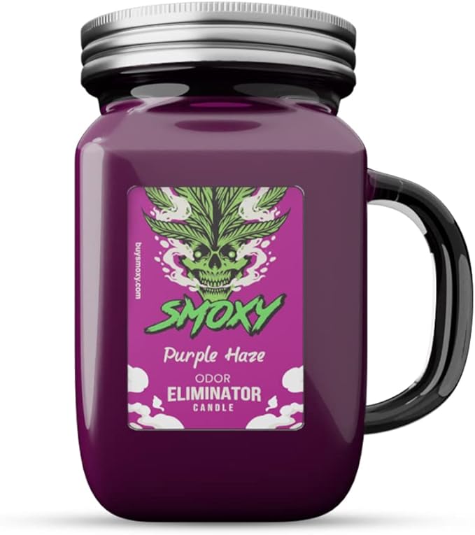 Smoxy Smoke Odor Eliminator Candle - Scented Candle for Home - Indoor Space Deodorizer & Air Freshener with Fragrance Pet Smell - Natural Palm Wax - Glass Mason Jar, 13oz. (Purple Haze)