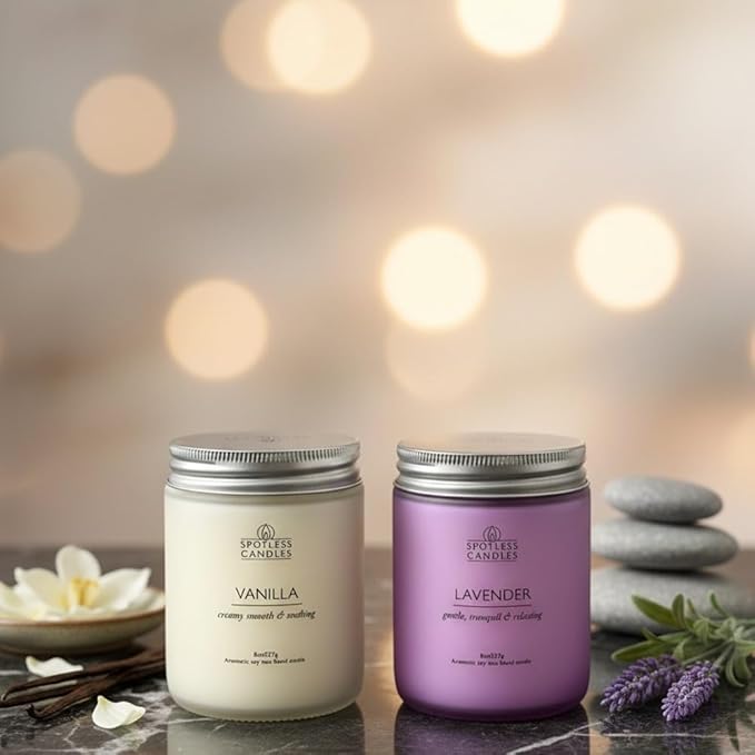 Aromatic Candles Two Pack - 2 x 8 oz Lavender & Vanilla in a Gift Pack, Classic Candle Set for Men and Women by Spotless Leopard