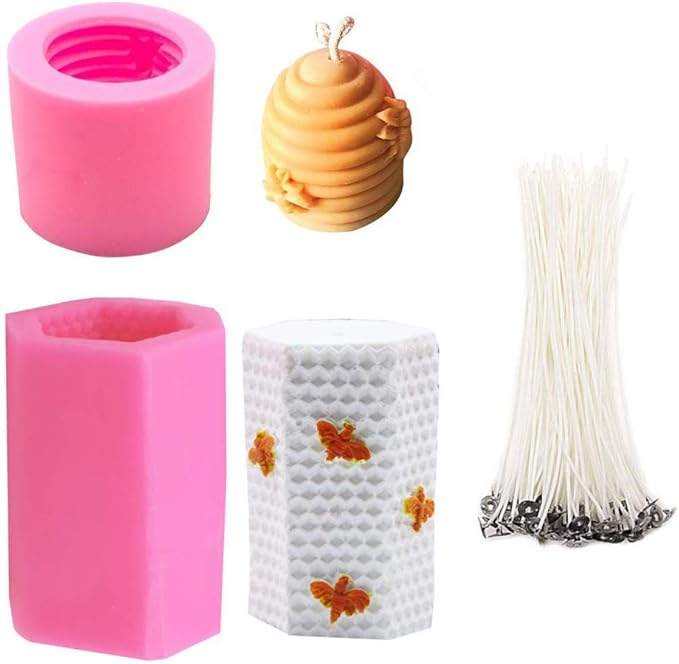 3D Bee Honeycomb Candle Molds with 50Pcs Low Smoke Candle Wicks, Hexagon Beehive Silicone Molds for Making Beeswax Candles Soaps Lotion Bars Bath Bombs (Set of 2)