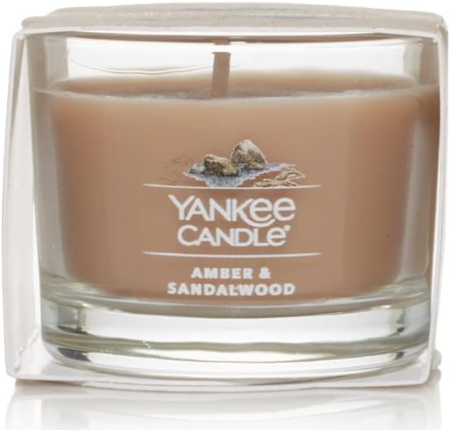 Yankee Candle Signature Votive Mini Candle Jar, Amber & Sandalwood Scent, Natural Soy Wax Blend Candle with Natural Fiber Wick, 1.3 OZ Glass Jar (Pack of 4)