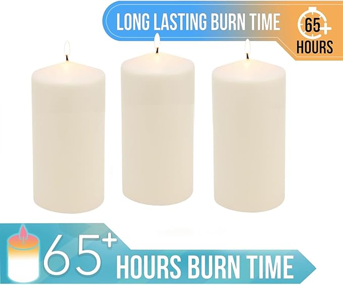 Stonebriar 3 Pack Tall 3 x 6 Inch 65 Hour Long Burning Unscented Ivory Wax Pillar Candles
