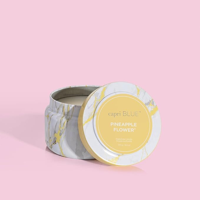 Capri Blue Modern Marble Printed Travel Tin Jar Candles - Luxury Decorative Candles for Home Scented - Long Lasting Soy Wax Blend - Pineapple Flower (8.5 oz)