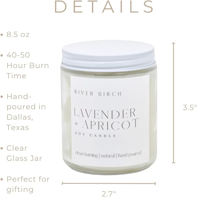 River Birch Candles Lavender + Apricot Scented Candle | Premium, All-Natural, Non-Toxic, Soy Wax | 8.5oz 40 Hr Burn Time | Cozy Relaxing Gifts for Home