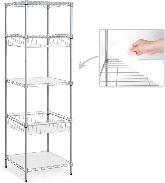 CAPHAUS NSF Adjustable 5 Tier Wire Shelving Unit w/Basket & Liner, Metal Storage Rack Corner Shelves, Storage Rack for Kitchen, Bathroom, Laundry Closet, Metal Wire Shelving w/Basket Shelves Silver
