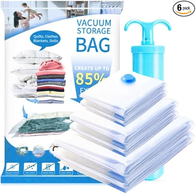 Vacuum Seal Storage Bags with Hand Pump, 6 Large Bags, Space Saver Bags for Clothes and Blankets, 85% More Storage