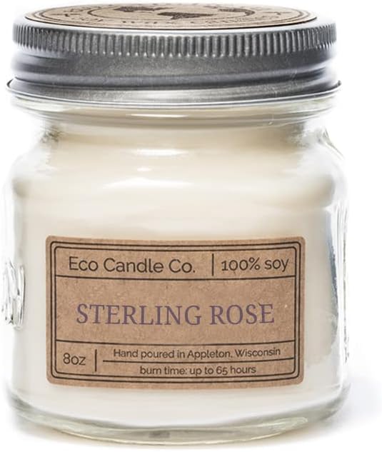 Eco Candle Co. Mason Jar Candle, Sterling Rose, 8 oz. - Scents of Green Notes, Fresh Cut Roses, Floral, & Musk - 100% Soy Wax, No Lead, Kraft Label & Antiqued Pewter Lid, Hand Made, Midwest Soybeans