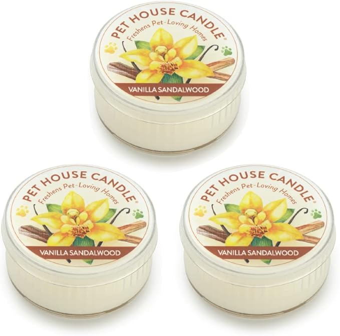 Pet House Mini Candles for Pet Odor Made with Natural Soy Wax, Plant Based, Dog and Cat Friendly Scented Candles, Vanilla Sandalwood Pack of 3