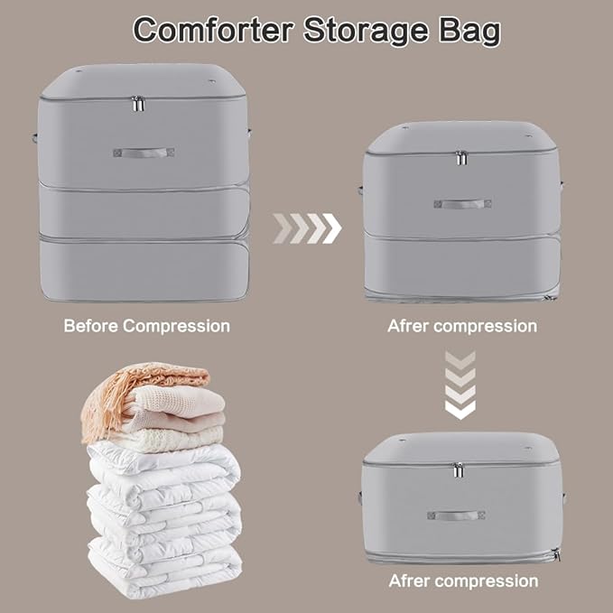 Space Saving Self Compression Organizer,Compression Storage Bags for Bedding and travel,Storage bags for Blankets Duvet Quilts Pillows, Comforter Storage with zippered ventilation holes（Grey XL）