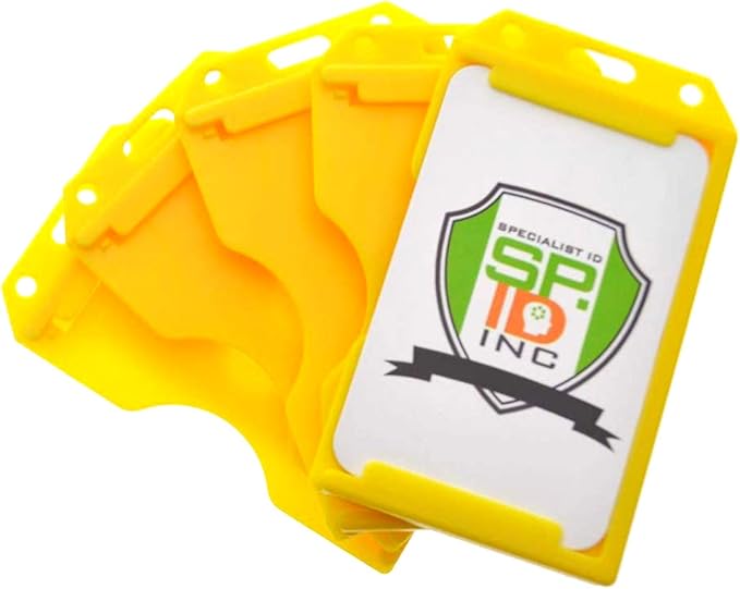 5 Pack - Heavy Duty 2-Sided Rigid Multi Card Holder - Hard Plastic Vertical ID Badge Holders for 2 Standard or Thick Prox Cards, Fuel Card, CAC, Work Badge, or Credit Cards by Specialist ID (Yellow)