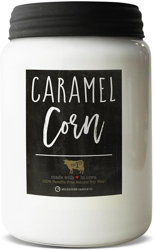 Milkhouse Candle Company - Caramel Corn - 26oz Beeswax and Soy Candles - Farmhouse Collection - 100% Natural, Paraffin Free, with Premium Fragrance Oil, Glass Jars with Lids