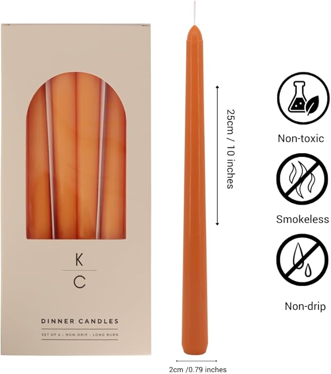 Tapered Dinner Candles - Soy & Paraffin Blend, Dinner Candles with Long-Lasting 7-Hour Burn for Stylish Homes - Candle in Curated Colors Ideal Gift for Hosts, Brides & Event Planners-Orange